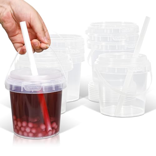 UMETASS Clear Plastic Cups with Lid and Straw Reusable Drink Bucket with Handle for Iced Coffee Smoothie Ice Cream - Sturdy Food Safe Party Cups for Pool Beach Birthday Parties (8 32 oz)
