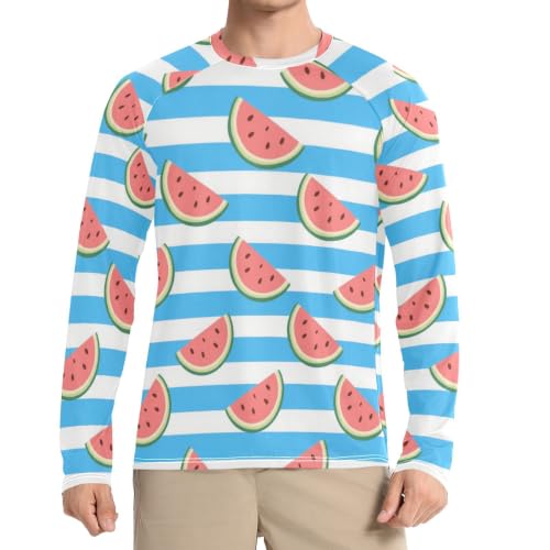 Camiseta manga larga azul y blanca a rayas de hombre con estampado de sandía para protección solar