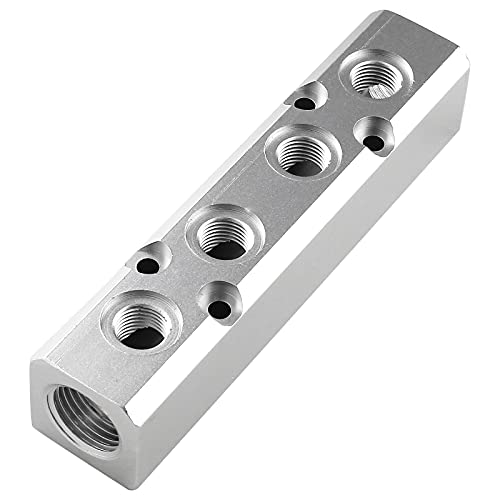 LDEXIN 4 Way Pneumatic Manifold Air Distribution Block, 1/4" Output Port 1/2" Supply Port Compressed Air Manifold Pneumatic Block, Air Coupler Fast Connector, Silver
