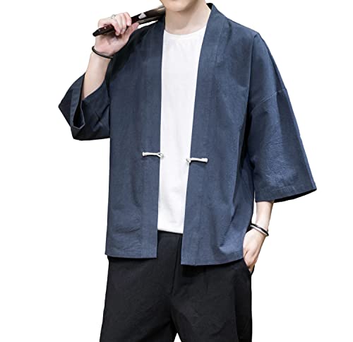 Image of Mens Kimono Cardigan Cotton Linen Japanese Shirt 3 /4 Sleeve Haori Yukata | Skin-Friendly Solid Color Lightweight Shawl Collar Kimono Robe Embroidery Button Tie Pockets Happi Coat All Season Daily Wear