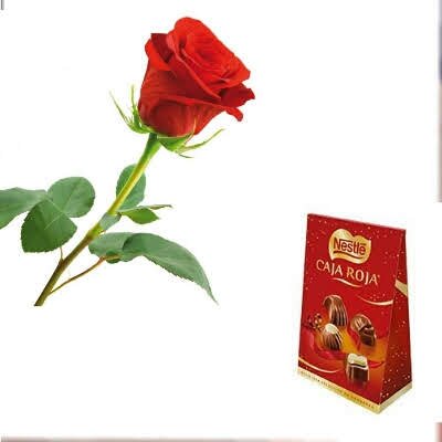 OFERTA ESPECIAL: PACK: 'ERES ÚNICA' Rosa Roja con ornamento y estuche de bombones 100g Caja Roja Nestlé.