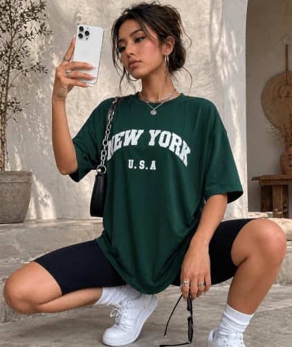 Image of London Hills Oversized Tshirt for Woman | t Shirt for Woman Oversized Fit Printed Round Neck | Tops for Woman's | Women t Shirt Loose Fit Drop Shoulder | t Shirts for Women | Western Tops