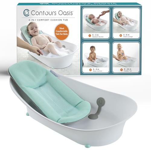 Image of Contours Oasis 4-in-1 Baby Bathtub, Infant Bath Seat, Newborn Toddler Support, Portable, Quick-Dry Mesh Pad, Grow-with-Me, Comfortable, Cleanable, Compact, Non-Slip Base, Blue and White, 0-24 Months