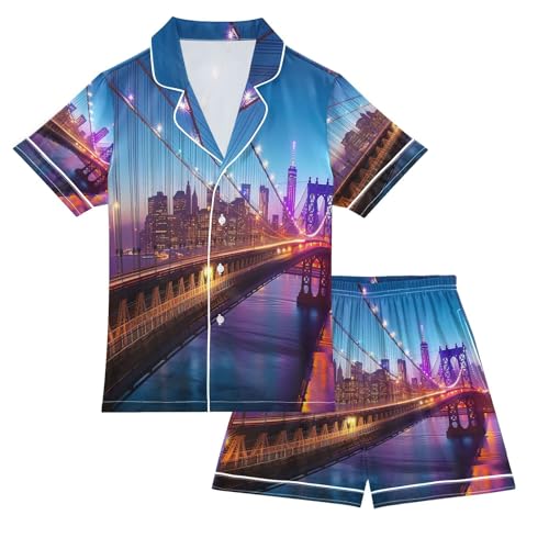 ALAZA Beautiful Bridge River Satin Pajamas Set Short Sleeve Button Down Sleepwear Summer Pjs 2 Piece