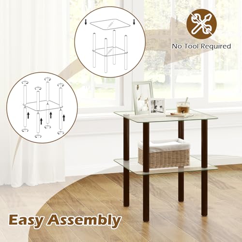 Image of Giantex Square End Table, 2-Tier Sofa Side Table with Clear Tempered Glass Top & Shelf, Small Accent Table with Solid Rubber Wood Legs for Living Room Bedroom Home Office (Brown & Clear)