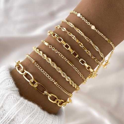 IFKM Gold Bracelets for Women, 14K Gold Plated Dainty Link Chain Bracelet set, Trendy Stackable Layered Bracelets jewelry Gifts3