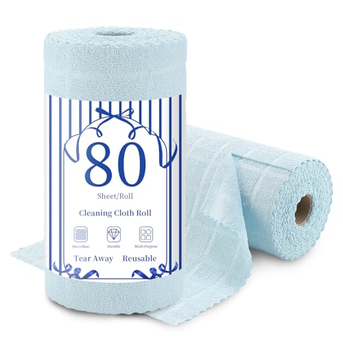 Image of Ferdilan 80 Pack Microfiber Cleaning Cloth Roll,Lint Free Rags Paper Towels & Tear Away Reusable Towels,Washable Shop Rags,Wash Cloths Dish Rags(12 inch x 12 inch) for Car Kitchen Window Garage-Light Blue