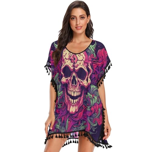 Flames Skull Abstract Art Women's Beach Cover Up Chiffon Tassel Swimwear Swimsuit Coverups for Girl