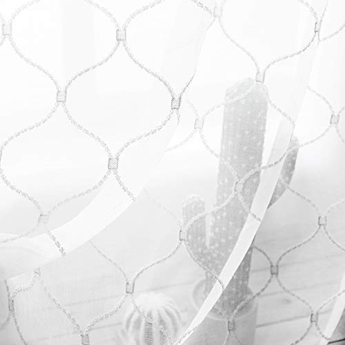 Sheer Curtains White 63 Inches Embroidered Wave Diamond, Rod Pocket Voile Drapes For Living Room, Bedroom, Window Treatments Semi Crinkle Curtain Panels For Yard, Villa, Parlor, Set Of 2, 52"X 63". #TOP4