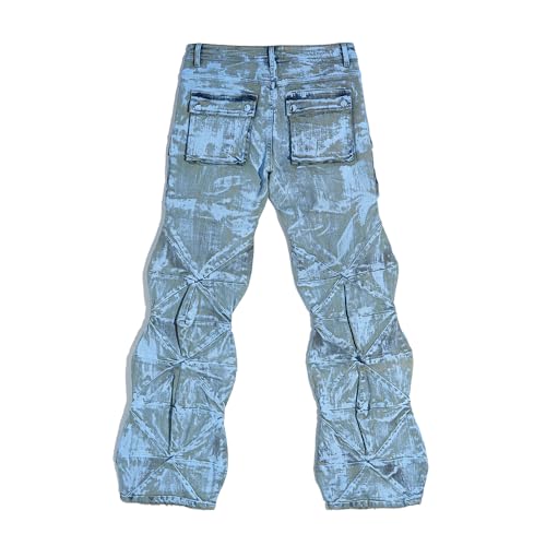 Men's Loose Stacked Denim Pants with Mid-Crotch Tie-dye Design, Casual with Multiple Pockets, Men's Denim Pants2
