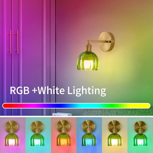 Image of Vintage Battery Operated Wall Sconces with Remote, 180 Degree Adjustable, Modern Battery Powered Wall Lighting Fixture with Green Tulip Glass Lampshade for Bedroom Bedside Bathroom