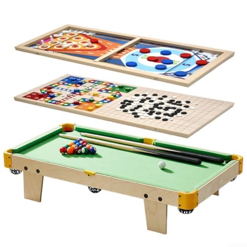 6-in-1 for mini Pool Table Set for Kids - Wooden Billiards Bowling Curling Board Game - Compact 80cm Family Multigame Table
