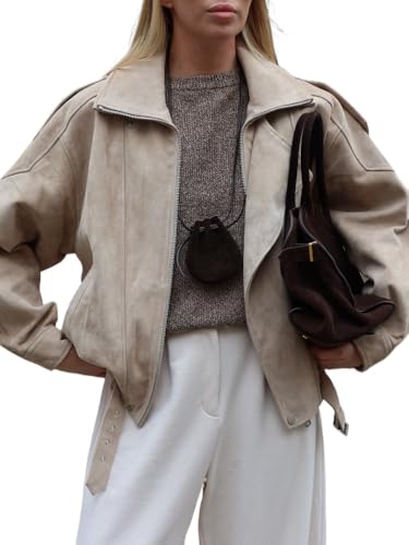 Women's suede baseball jacket retro short loose jacket Harajuku zipper open top sheep top