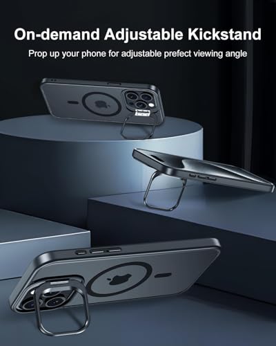 Image of Elzzi PC Kickstand Mag Safe Case For iPhone 16 Pro Max, Built-in Adjustable Camera Stand, Translucent Matte Magnetic Mag-Safe Shockproof Case Phone Cover (Black Titanium)