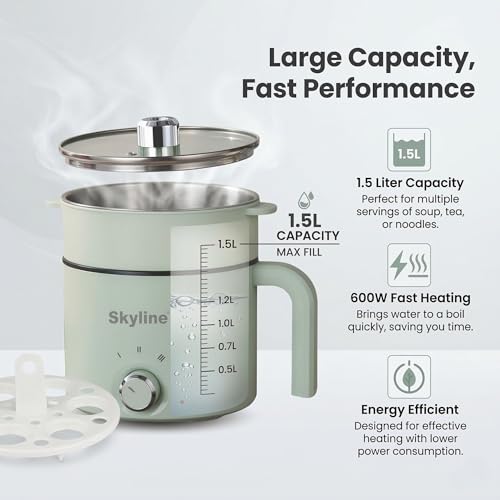 Image of Skyline Multi-Purpose Electric Kettle with Steamer and Egg Boiler, 1.5L, 600W, Temperature Control, VTL-9091 (Green)