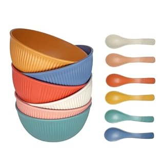 Ulrikco 6 pcs Unbreakable Plastic Bowls Set with Spoons - Colorful Cereal Bowl Soup Bowls for Adults & Kids Safe for Dishwasher & Microwave, Reusable Serving Bowl for Kitchen, Camping, Parties (655ML)