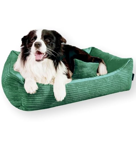 4L Textil Molly Kuscheliges Cord Hundebett mit Bezug Hundekorb mittelgroße Hunde Hundekissen Grün Hundekörbchen Hundesofa (80x60 cm, Grün)