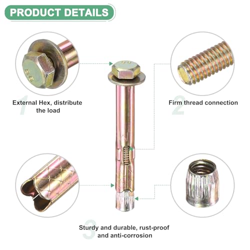 Image of M METERXITY 20-Pack Hex Expansion Bolt, M6x60mm Colored Galvanized Iron-Carbon Steel External Hex Expansion Bolts, Anti-Corrosion Metal Bolt for Concrete /Dry Brick /Block Walls