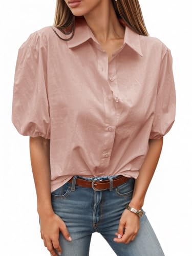 Image of Tankaneo Women's Button Down Shirts Short Puff Sleeve Collared Dressy Casual Blouse Tops