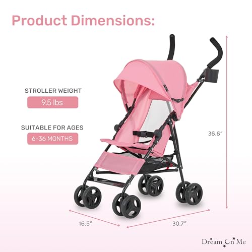 Dream On Me Rover Convenience Baby Stroller in Pink, Lightweight & Compact Umbrella Stroller, Easy one-Hand fold Travel Stroller, Lockable Rear Wheels, Removable & Adjustable Canopy - Image 3