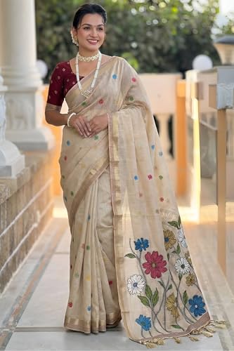 Image of SGF11 Women's Soft Cotton Linen Silk Saree With Blouse Piece
