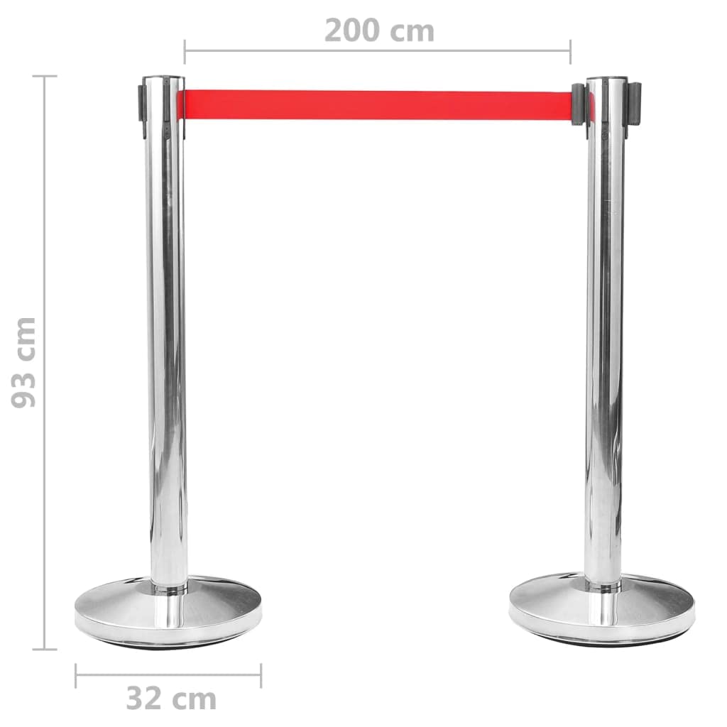 Sistema de guía personal de acero inoxidable plateado para hoteles, clubes, aeropuertos, restaurantes, delimitación con correa retráctil, soporte de 32 cm y banda de 4,8 x 200 cm