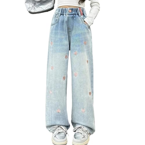 Baggy Jeans for Girls Embroidered Hearts Adjustable Waist Wide Leg Pants Y2K Cute Jeans for Girls Distressed Light Washed