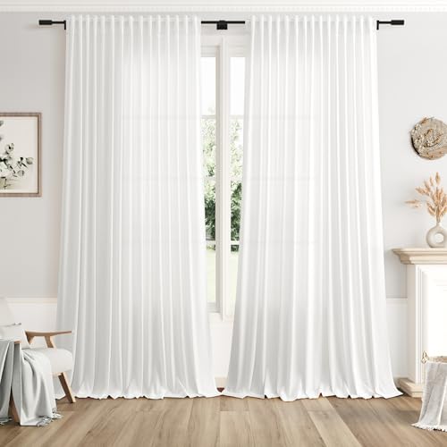 Image of Off White Large Window Curtains Light Filtering Semi Sheer Privacy Linen Textured Curtain for Patio Sliding Glass Door Extra Wide Rustic Farmhouse Drapes for Living Room Bedroom Sunroom 100x90 Inch