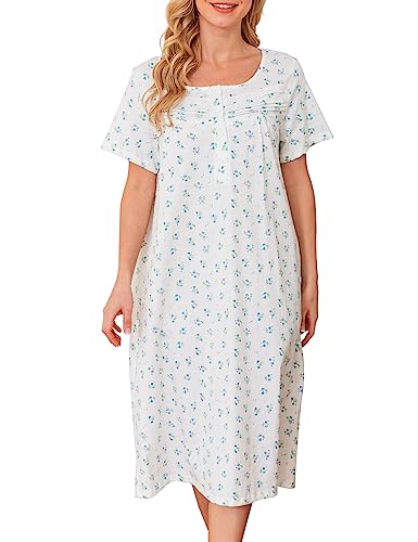 Image of Bloggerlove Nightgowns for Women 100% Soft Cotton House Dress | 100 Full Cotton, Button Neck, Knee Length, Lace Trim Floral, Breathable, Skin-frieend, Loose Fit, Comfy Sleepwear