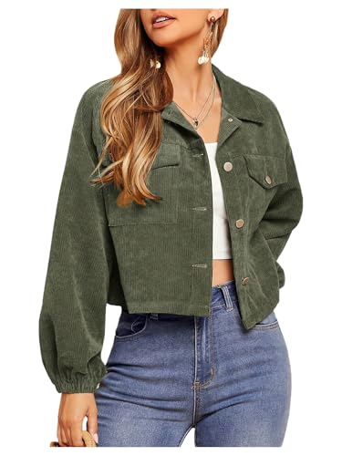 WDIRARA Women's Corduroy Button Down Shacket Long Sleeve Crop Jacket with Pockets