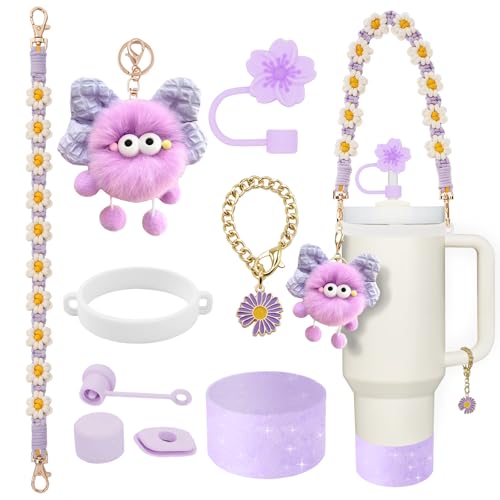 Stanley Cup Accessories Set Including Water Bottle Handle Strap, Siliocne Straw Cover & Stanley Boot, Spill-Proof Stopper Set, Keychain & Handle Charms for Stanley Cup 40oz & 30oz Tumbler (Purple)