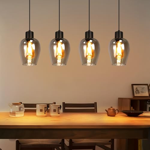 Lichtmaler Suspension Noire 4 Luminaires E27 - Lustre Pendulaire Vintage pour Îlot de Cuisine et Table à Manger Verre Fumé Industriel Pour Salon ou Hôtel,...