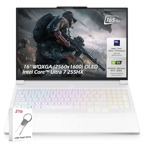 Image of Lenovo Legion 7i Gaming Laptop, Intel Ultra 7 255HX, 16 inch OLED 2.5K (2560x1600) 165Hz 500nits, 64GB DDR5 4TB SSD, RTX 5060, 5MP Camera E Shutter, Wi-Fi7, Win 11, Glacier White, 2TB USB Drive, W /GaLiMu