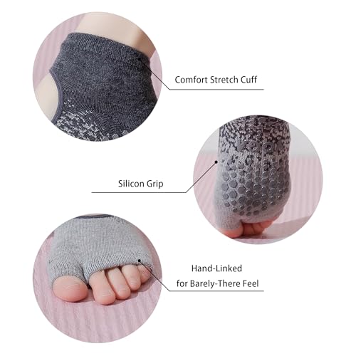 Womens Pilates Yoga Toe Socks with Grips Non Slip Cushioned Crew Socks Mid Calf for Barre Ballet
