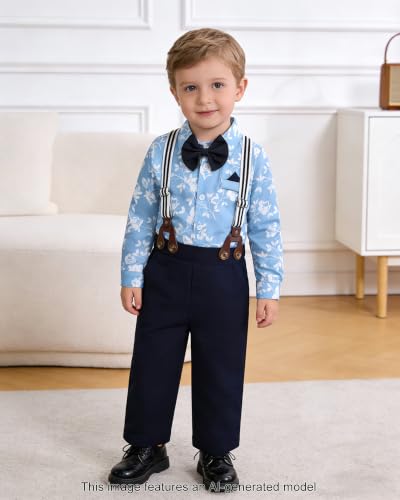 Image of SANGTREE Baby Suits for Boys Gentleman Wedding Outfits Long Sleeve Dress Shirt Suspender Pants Bowtie Boy Clothes Set, 1-6T