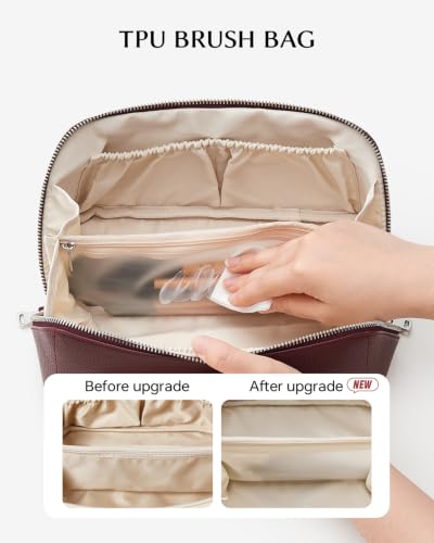 Image of EACHY Travel Makeup Bag Organizer, Toiletry Bag for Women, Cosmetic Pouch | Lychee Textured PU, TPU Brush Compartment, Water-Resistant Organizer, Large Capacity, Open Flat Design