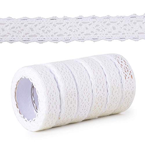 MEJOSER 6pcs Ruban de Dentelle Auto-adhésif Coton Tissu de 10.9m Vintage Floral Couture DIY Mariage Déco d'anniversaire Bricolage Artisanat (Blanc)