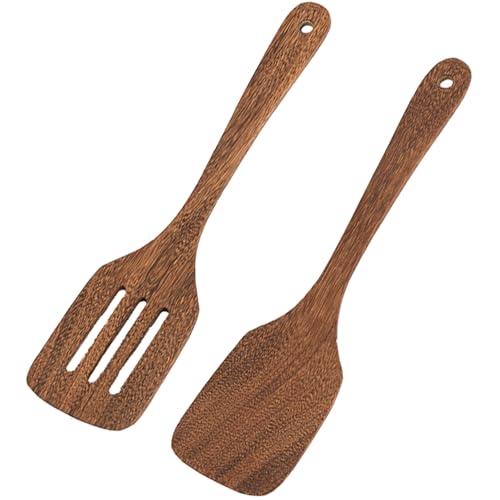 2 Stück Pfannenwender Holz Set - Geschlitzt Pfannenwender aus Holz Küchenhelfer, 30cm Groß Spatel Kochgeschirr Turner Antihaft Spülmaschinenfest