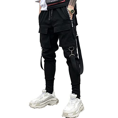 XYXIONGMAO Sarouel cargo unisexe pour homme - Pantalon fonctionnel tactique - Pantalon de survêtement Hip Hop Jogger Techwear Streetwear, noir, Taille M Cover