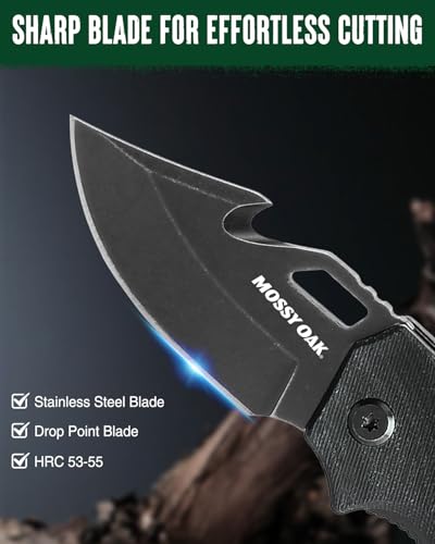 mossy oak mini folding pocket knife stainless steel drop point blade - edc multi-tool with bottle opener and glass breaker