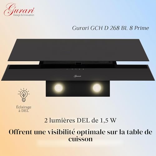 GURARI Kopffrei Dunstabzugshaube 90 cm GCH D 268 9 Prime Schwarz Glas | EEK A | Sehr Saugstark 1000 m³/h Wandmontage Abzugshaube mit Fernbedienung Umluftbetrieb oder Abluftbetrieb Kaminhaube
