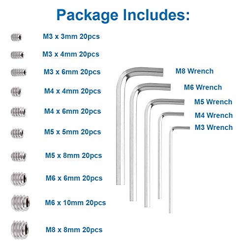 MMOBIEL 200pcs DIN916 Stainless Steel M3 M4 M5 M6 M8 Allen Head Socket Hex Grub Screw Kit Assortment incl Hex Key Wrenches