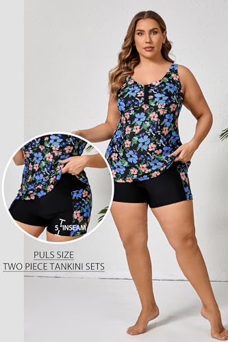 Halcurt Women's Plus Size Two Piece Bathing Suits Tankini Set with Shorts Pocket Tummy Control Swimsuit 5