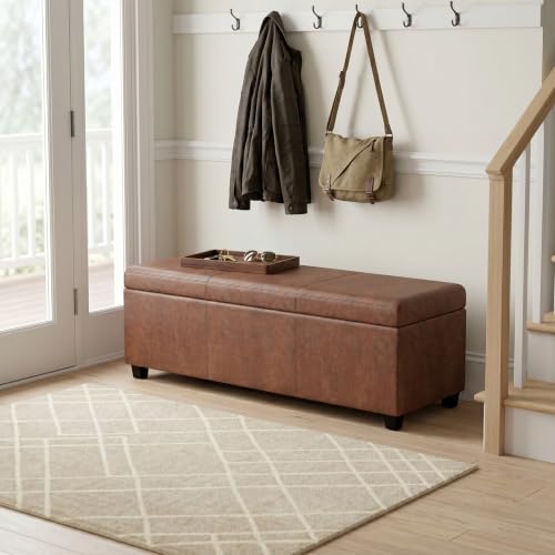 Image of SIMPLIHOME Avalon 54 inch Wide Vegan Leather Storage Ottoman in Brown