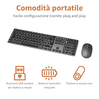 Amazon Basics mouse wireless ricaricabili, tastiera full size ultrasottile e silenziosa con tastierino numerico, Nero
