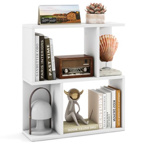 GIANTEX 3-Tier S-Shaped Bookshelf, Modern Geometric Bookcase, Freestanding Display Shelf for Small Space, Versatile Side Table, Wooden Storage Organizer for Home Office, Living Room (1,White)