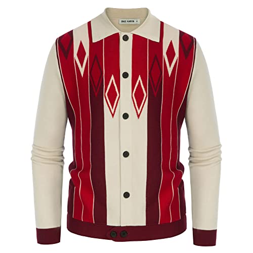 Stylish Button Down Casual Cardigan Sweater For Men Long Sleeve Argyle Sweater Red #TOP8