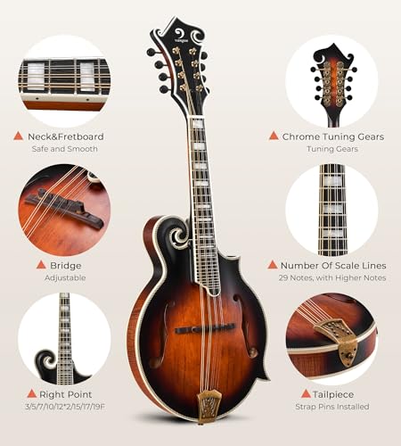 Image of Vangoa F-Style Mandolins Instrument, Solid Spruce and Maple, 29-Fret, Ebony Fingerboard and Bridge, 8 String Acoustic Mandolin, for Beginner Adults and the higher stages players, Classic Sunburst