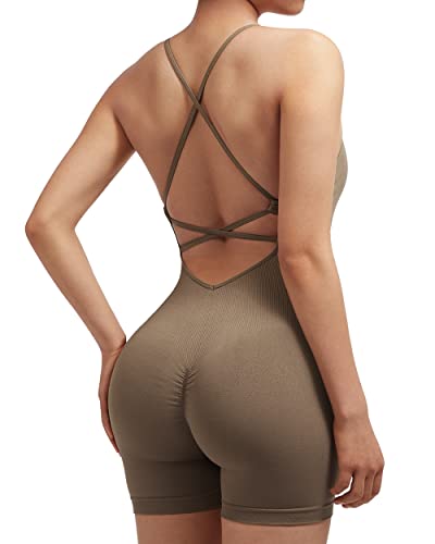 Suuksess Women Strappy Romper Workout Yoga Seamless One Piece Jumpsuit Tummy Control Padded Sports Bra (Dark Coffee, S) #TOP4