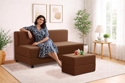 Image of 5X6-Feet Leg Sofa Cum Bed with Ottoman | Jute Fabric 3 Seater Convertible Sofa Bed | Modern Space Saving Furniture for Living Room | Brown